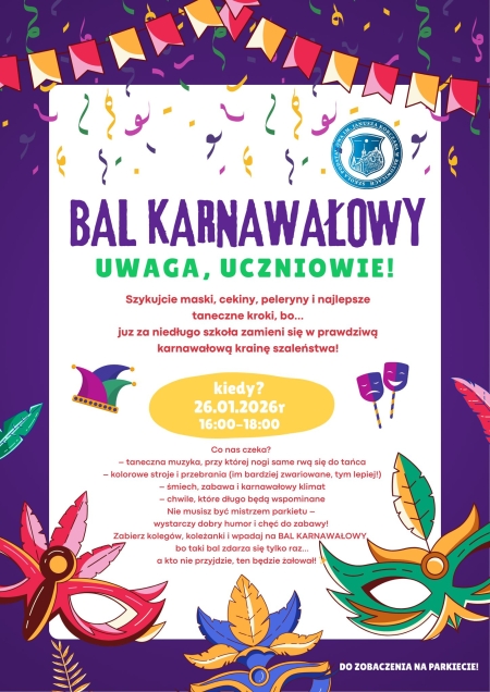 Bal karnawałowy dla uczniów klas IV-VIII